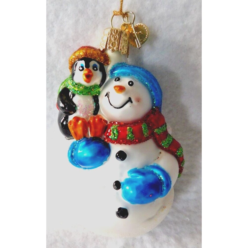 Old World Christmas SNOWMAN WITH PENGUIN PAL Glass Ornament  OWC